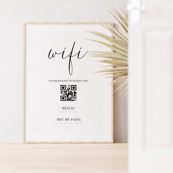 AIRBNB Affiche WIFI avec Qr-code, Modifiable avec Canva, Panneau de mot de passe Wifi, Airbnb français, Wifi à la maison