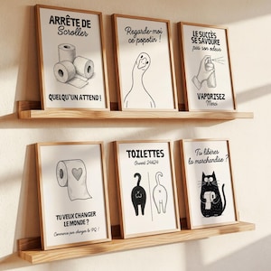 K&ouml;nnte beinhalten: Sechs gerahmte Kunstdrucke mit humorvollen Illustrationen zum Thema Badezimmer und Text. Die Drucke werden auf Holzregalen ausgestellt. Die Illustrationen umfassen Toilettenpapierrollen, eine Gans, eine Hand, die Lufterfrischer spr&uuml;ht, und eine Katze mit Toilettenpapier.
