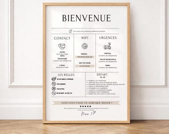 Poster di benvenuto Airbnb personalizzabile, modello Canva francese, guida per case vacanze