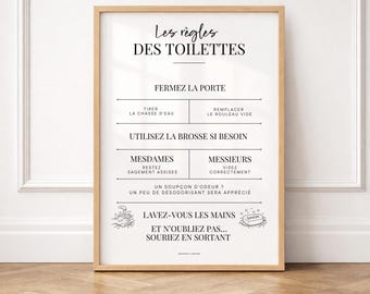Elegantes, ausdruckbares Poster mit Toilettenregeln, minimalistisches Toilettenschild, Badezimmerbeschilderung, moderne Wohndekoration