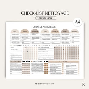 Check-list de ménage, en français, Template Canva, Style Boho, planning de nettoyage, modèle de ménage, liste de nettoyage