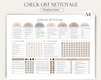 Cleaning checklist, in French, Canva template, Boho style, cleaning schedule, cleaning template, cleaning list
