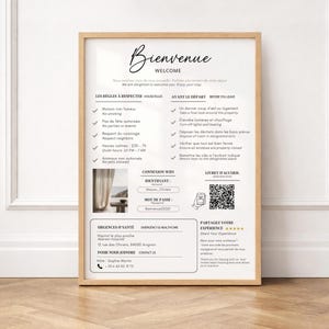 Cartello di benvenuto personalizzabile per Airbnb, creato con Canva, disponibile in francese e inglese.