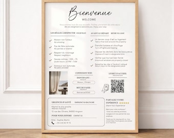 Cartello di benvenuto personalizzabile per Airbnb, creato con Canva, disponibile in francese e inglese.