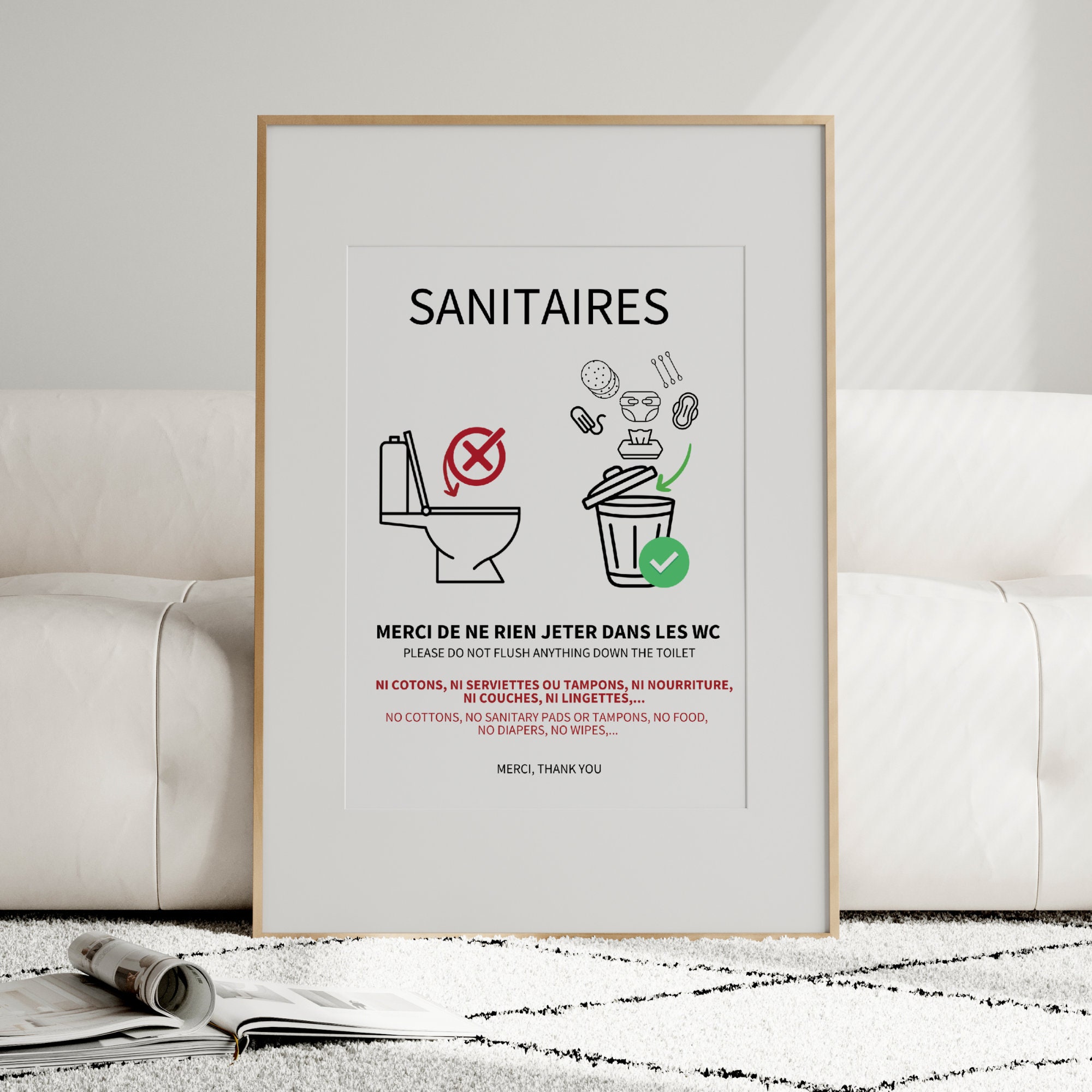 Affiche WC à imprimer Ne rien jeter dans les Toilettes, en français et anglais, Airbnb, Poster