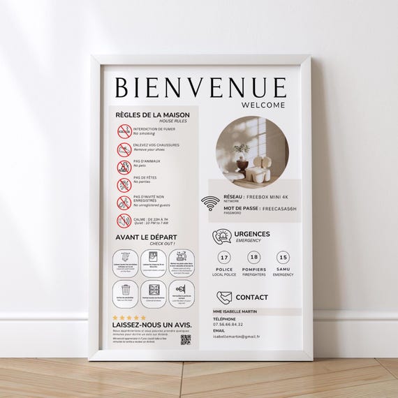 Affiche d’accueil Airbnb en français et anglais élégante – Template Canva, affiche de bienvenue modifiable pour location