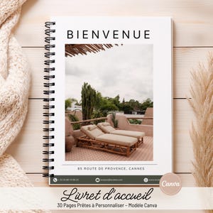 Peut inclure: Un carnet à spirales avec le mot "BIENVENUE" en haut. Le carnet présente une photographie d'un complexe hôtelier avec des chaises longues. En dessous de la photo se trouve le texte "85 ROUTE DE PROVENCE, CANNES". Le bas du carnet indique "Livret d'accueil".