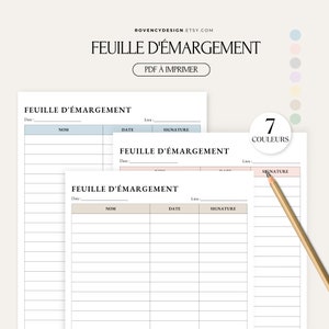 Peut inclure: Modèle de feuille d'émargement imprimable en français avec le titre "Feuille d'Émargement" et le texte "PDF à imprimer". Le modèle comporte des colonnes pour le nom, la date et la signature.