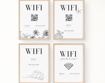 4 Affiches Mot de passe WIFI avec QR code, Template Canva A4, Airbnb bienvenue, panneaux modifiables pour les courts séjours.