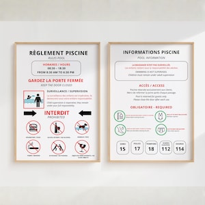 Carteles con las normas de la piscina en francés e inglés - Editables con Canva, ideales para Airbnb y alquileres vacacionales.