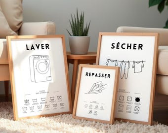 Set mit 3 Postern für den Waschraum, Wäschepflege, Poster mit Wäschesymbolen, 3 druckbare Poster