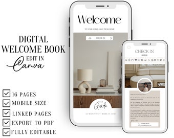 Libretto di benvenuto digitale AIRBNB in inglese, 16 pagine, libretto digitale, modello Canva, modelli Airbnb