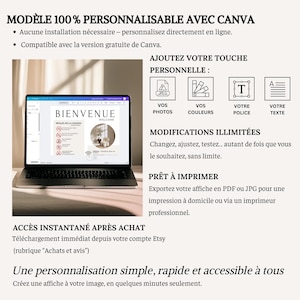 Pu&ograve; includere: Un laptop che mostra un cartello "Benvenuto" in francese, con testo in francese che descrive le opzioni di personalizzazione. L'immagine include icone per foto, colori, carattere e testo e indica che il prodotto &egrave; personalizzabile con Canva.