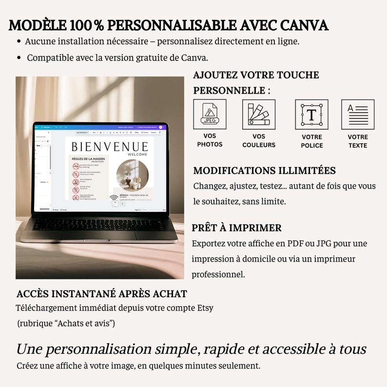 Pu&ograve; includere: Un laptop che mostra un cartello "Benvenuto" in francese, con testo in francese che descrive le opzioni di personalizzazione. L'immagine include icone per foto, colori, carattere e testo e indica che il prodotto &egrave; personalizzabile con Canva.