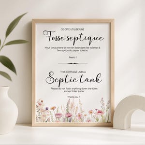 Manifesto per fossa settica, cartello per toilette per gîte francese e inglese, affitto stagionale