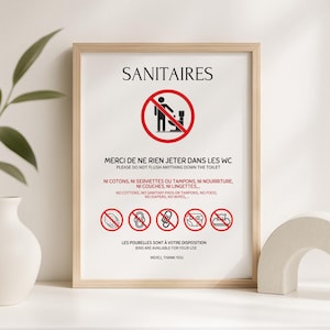 Do not flush anything down the toilet Poster in French and English for Rental, Airbnb, Gîte
