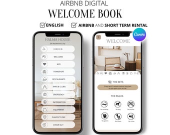 Welcome book clickable Template, 12 pages, Mobile size, Vacation Rental, VRBO Guest Book, Template Canva