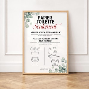 Papier Toilette Seulement eucalyptus - Panneau WC Naturel Bilingue - Décoration Printable Eucalyptus pour Airbnb