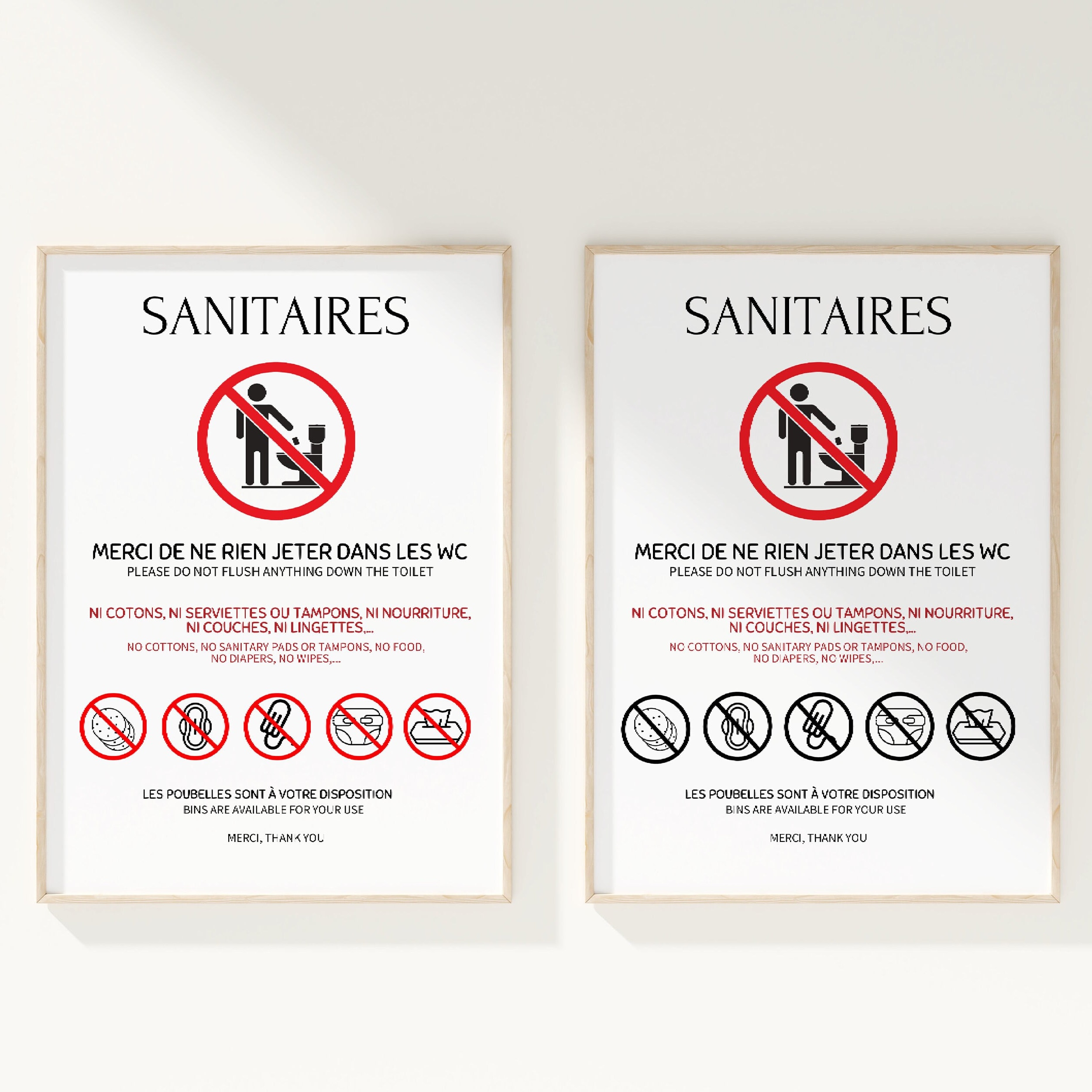 Ne rien jeter dans les toilettes, 2 Affiches en Français et Anglais ...