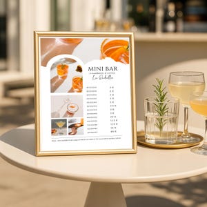 Aanpasbare minibar menu poster Airbnb hotel gîte prijslijst Canva sjabloon PDF afdrukbaar
