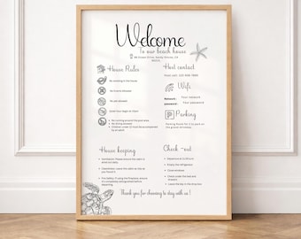 Poster di benvenuto al mare, modello Canva, casa vacanze al mare, regole della casa, Wi-Fi