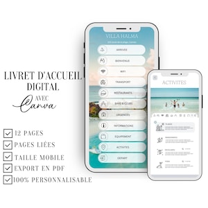Peut inclure: Un livret d'accueil numérique pour la Villa Halma, un hôtel situé au 123 route de la plage, Cannes. Le livret est conçu avec Canva et comprend des informations sur l'arrivée, l'accueil, le WiFi, le transport, les restaurants, les bars et clubs, les urgences, les informations, l'équipement, les activités et le départ. Le livret compte 12 pages, est relié, adapté aux mobiles et peut être exporté en PDF. Il est 100% personnalisable.