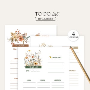 Peut inclure: Quatre modèles de liste de tâches imprimables avec des illustrations florales. Chaque modèle comprend une section pour les tâches importantes et une section pour les tâches quotidiennes. Les modèles sont intitulés "To Do List" et incluent le texte "Date :" et "Important".