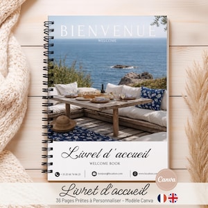 Livret d’accueil Coastal Chic en français et anglais, 30 pages + 6 affiches pratiques, Template Canva
