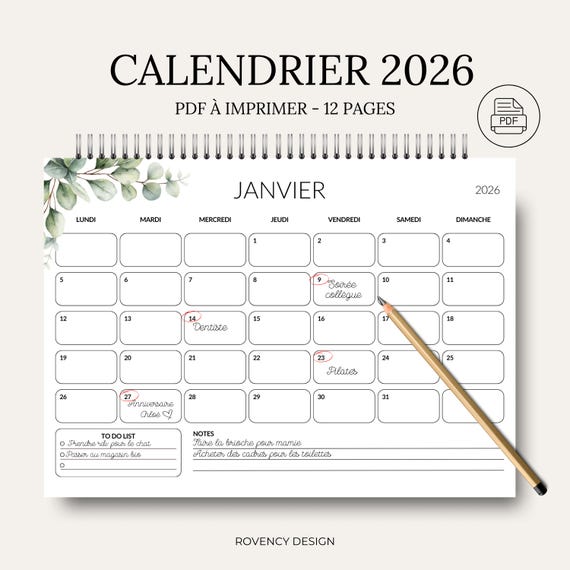 Calendrier 2026 à imprimer, calendrier mensuel en français, Format A4, PDF de 12 pages à imprimer à la maison