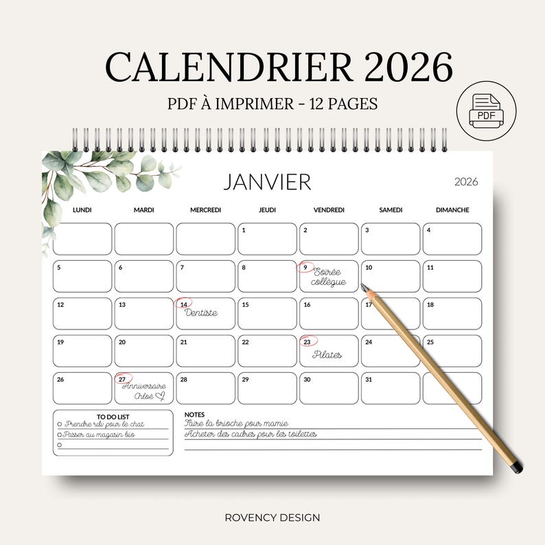 2026 Printable Calendar, Monthly Calendar in French, A4 Format, 12-Page PDF to Print at Home image 1