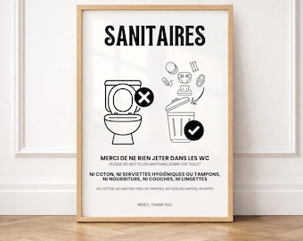 Cartel imprimible para el baño: No tire nada por el inodoro. Disponible en francés e inglés. Póster para el baño.