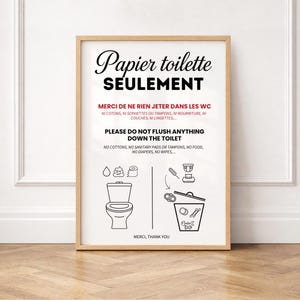 Do not flush anything down the toilet - Printable poster in French and English, A4 format - Toilet/Plumbing Sensitive Area Poster