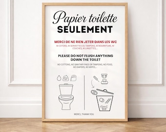 Do not flush anything down the toilet - Printable poster in French and English, A4 format - Toilet/Plumbing Sensitive Area Poster