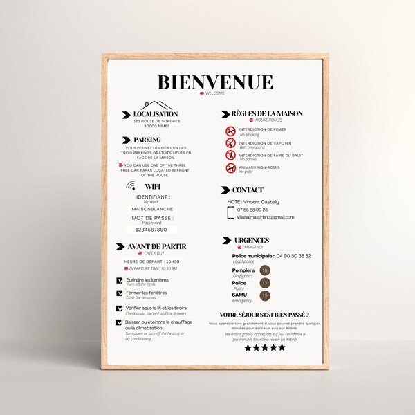 Modèle d'Affiche d'Accueil Airbnb en Français et Anglais  - Template Canva pour Location de vacances