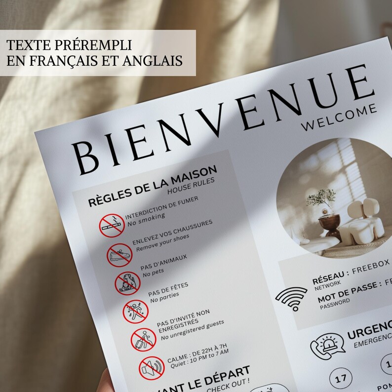 Elegante cartello di benvenuto Airbnb in francese e inglese: modello Canva, cartello di benvenuto modificabile per gli affitti immagine 5