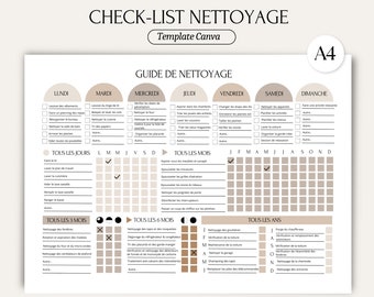 Check-list de ménage, en français, Template Canva, Style Boho, planning de nettoyage, modèle de ménage, liste de nettoyage