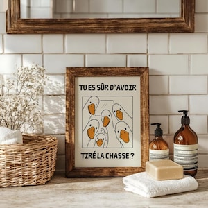 May include: A framed print with a brown wooden frame featuring a cartoon illustration of several geese with orange beaks. The print has the French text "TU ES SÛR D'AVOIR TIRÉ LA CHASSE?" displayed in black font. The print is displayed on a bathroom counter.
