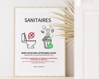 Affiche WC à imprimer : Ne rien jeter dans les Toilettes, en français et anglais, Airbnb, Poster Minimaliste pour WC et Salle de Bain