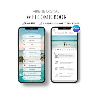 Welcome Book DIGITAL, Airbnb beach house, Mobile size, Vacation Rental, VRBO Guest Book, Template Canva, 11 pages