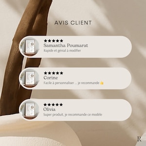Pu&ograve; includere: Uno sfondo beige con recensioni dei clienti. Le recensioni sono in rettangoli arrotondati bianchi con testo nero. Ogni recensione include un nome, una valutazione a stelle e una breve descrizione. La recensione in alto &egrave; di Samantha Poumarat.