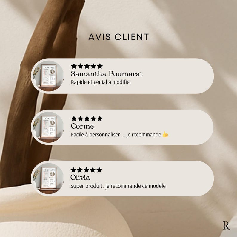 Pu&ograve; includere: Uno sfondo beige con recensioni dei clienti. Le recensioni sono in rettangoli arrotondati bianchi con testo nero. Ogni recensione include un nome, una valutazione a stelle e una breve descrizione. La recensione in alto &egrave; di Samantha Poumarat.