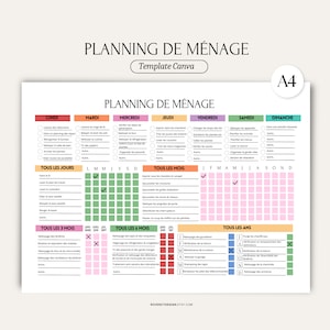 Planning de Ménage Français imprimable, Planner de tâches ménagères, Planning entretien, Liste des tâches ménagères modifiable avec Canva