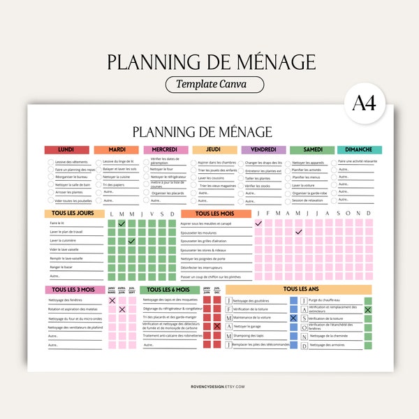 Printable French Household Schedule, Household Task Planner, Maintenance Schedule, List of household tasks editable with Canva