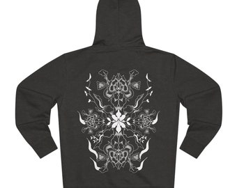 Bio-Baumwolle, umweltfreundlich, Festival-Wear, psychedelischer Unisex-Reißverschluss-Hoodie, offenes Gitter-Logo & Bloom-Trip