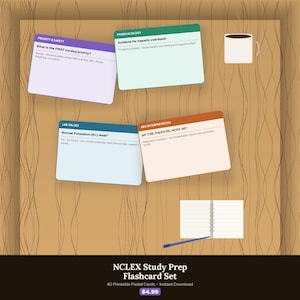 May include: A set of pastel-coloured flashcards with medical study notes, covering topics such as pharmacology and lab values. A mug of coffee and a notepad with a pen are also present. The text reads "NCLEX Study Prep Flashcard Set".