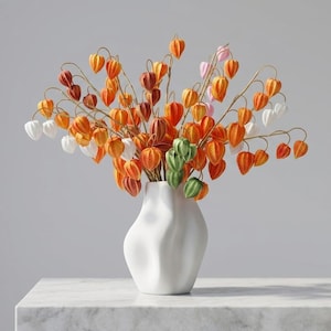 Könnte beinhalten: Eine weiße Keramikvase mit einem einzigartigen, wellenförmigen Design enthält ein Arrangement aus orangefarbenen, roten, weißen, rosa und grünen Zierblumen. Die Blumen haben eine laternenartige Form und sind auf dünnen, braunen Stielen angeordnet. Die Vase steht auf einer Marmoroberfläche.
