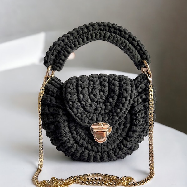 Sac Rond Fait Main au Crochet en Fil de Coton, Pochette Noir Élégante, Sac à Main Pour Tous les Jours, Sac de Soirée, Cadeau pour Femmes