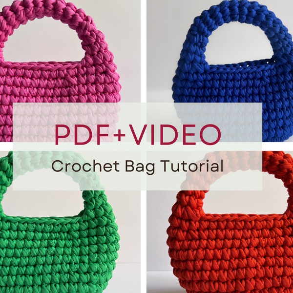 Crochet Bag Tutorial (PDF+Video) French+English Crochet Pattern Mini Hobo Bag, Crochet Bag Pattern, Step by Step Guide, DIY Bag