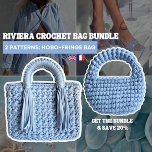May include: Light blue crochet bag bundle with two patterns: hobo and fringe bag. The image includes the text "RIVIERA CROCHET BAG BUNDLE" and "2 PATTERNS: HOBO+FRINGE BAG". The image also includes the text "GET THE BUNDLE & SAVE 20%".