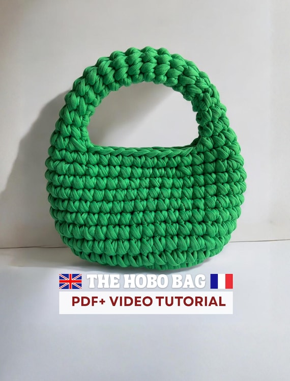 Patron Sac Hobo au Crochet PDF + Vidéo | Pochette Crochet Moderne en Fil T-Shirt | Tutoriel Débutant | Français & Anglais